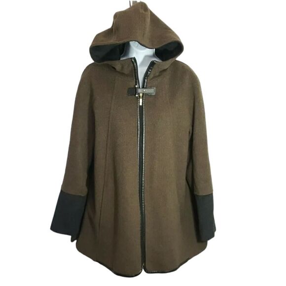 Ellen Tracy Hooded Coat Size 8 Wool Brown Black Car Coat Zip Up Seam Pockets - Picture 1 of 11